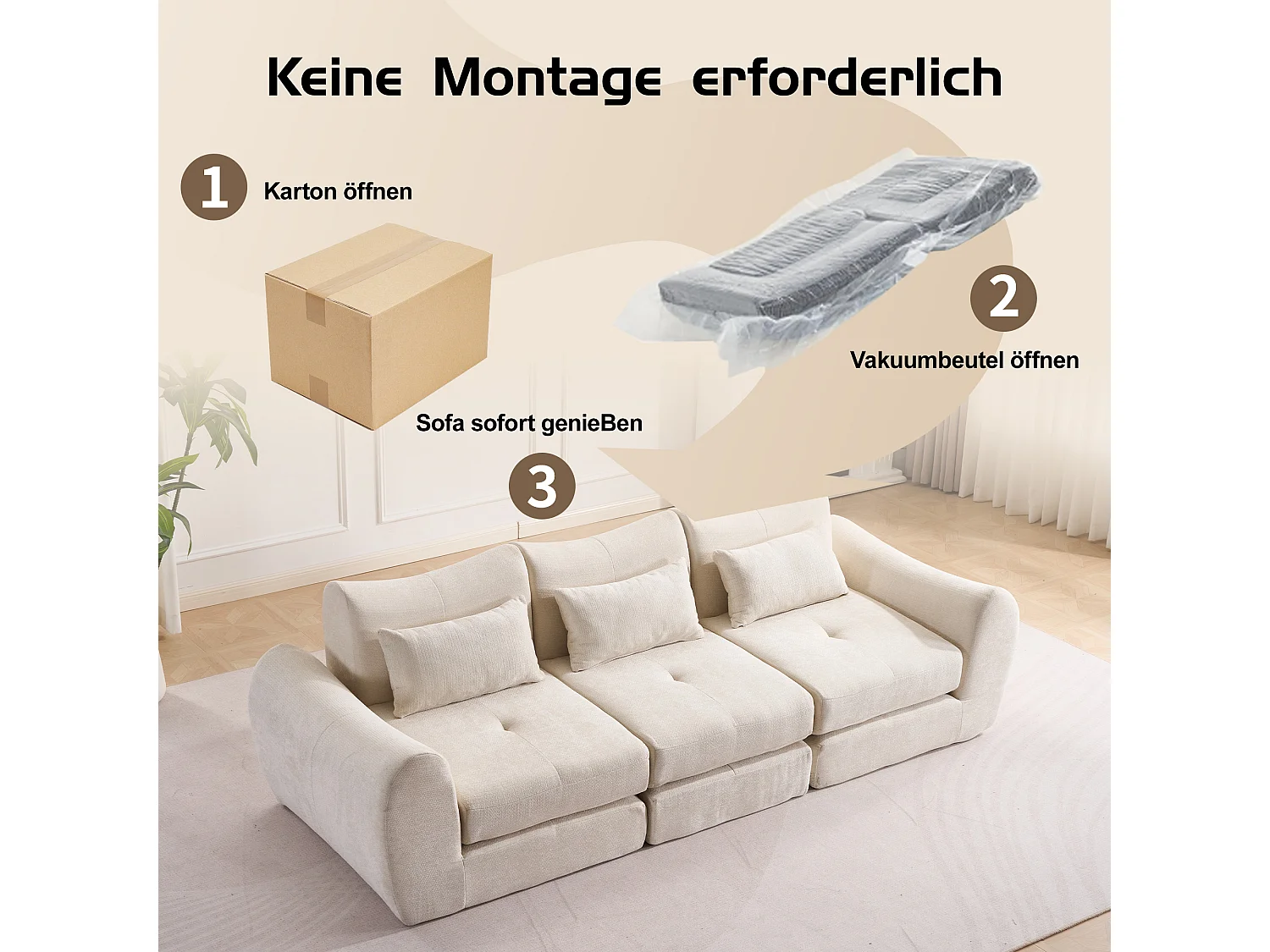 Canapé d’angle modulable 3 places, convertible, chenille, 262x97x78 cm, beige