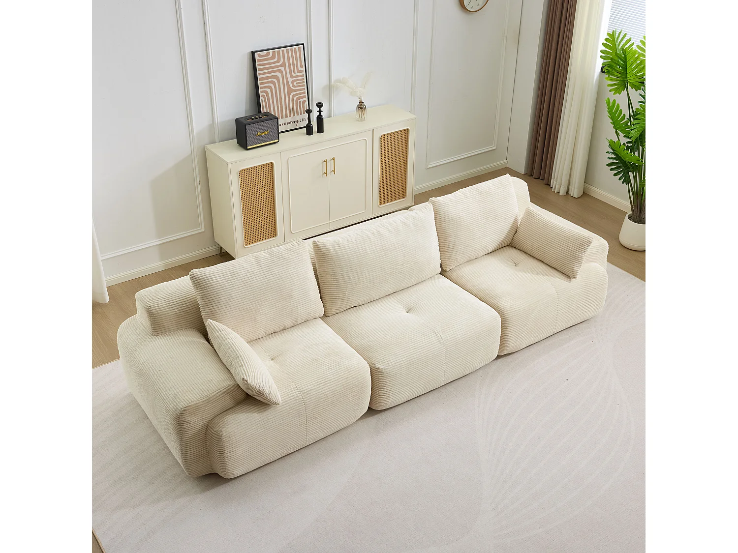 Modulaire Fluwelen Corduroy Bank - 3 Plaatsen - Zacht Hoogwaardig Schuim - Beige - 304x104x72 cm