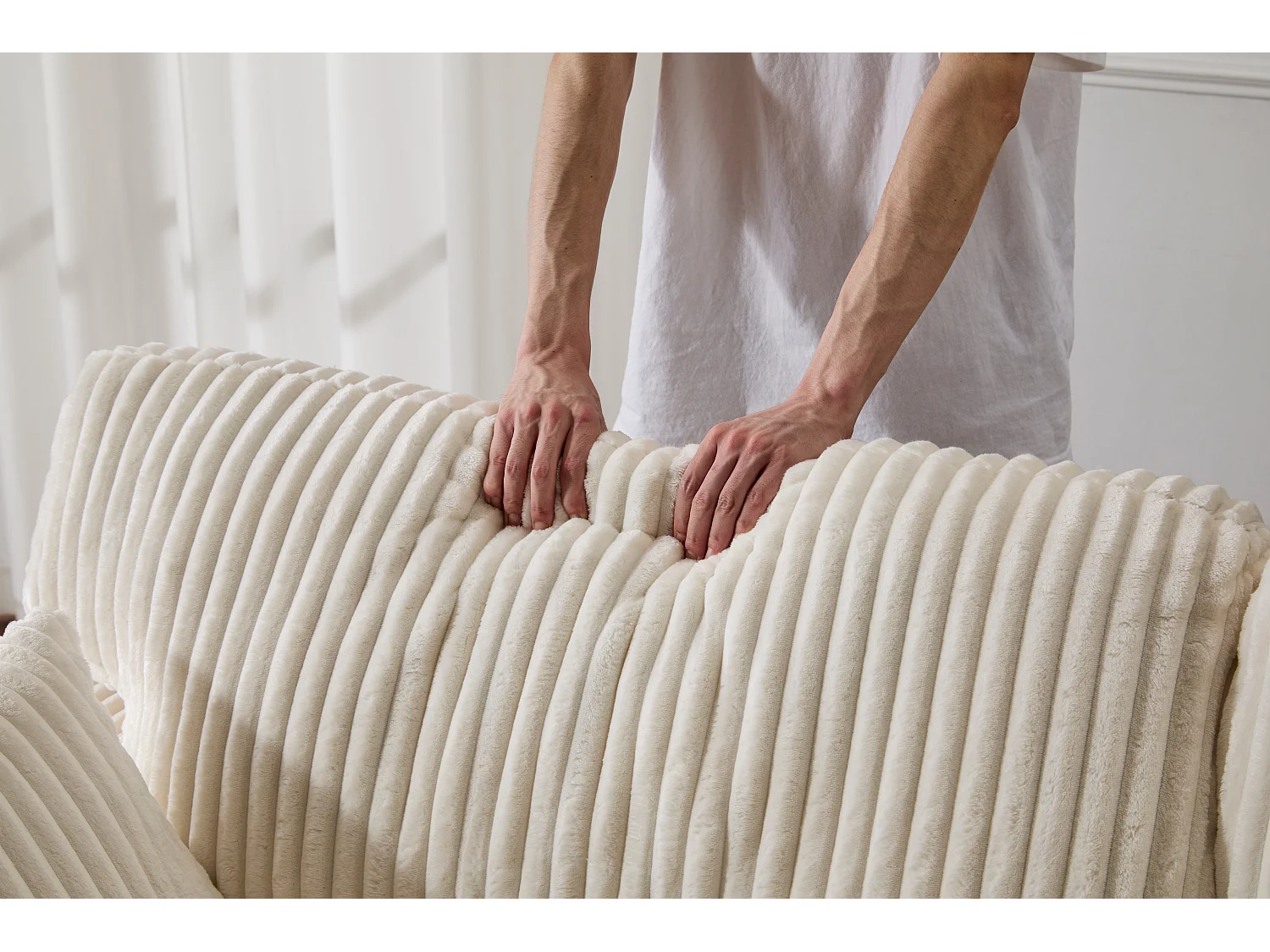 Canapé 2 places - velours côtelé - modulaire - convertible - 214x145x89 cm - blanc