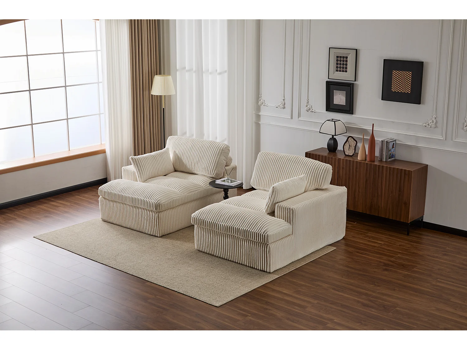 Canapé 2 places - velours côtelé - modulaire - convertible - 214x145x89 cm - blanc