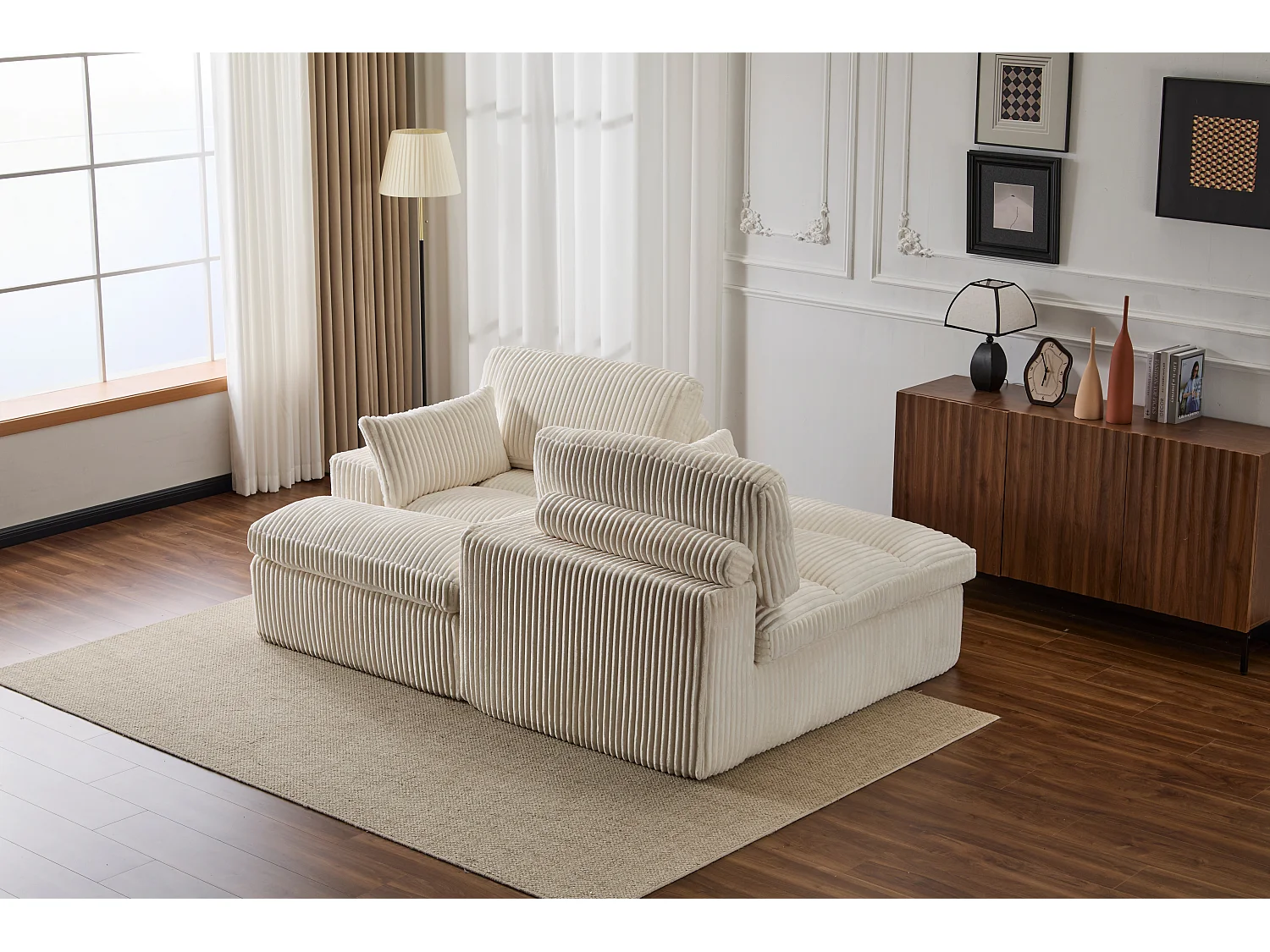 Canapé 2 places - velours côtelé - modulaire - convertible - 214x145x89 cm - blanc