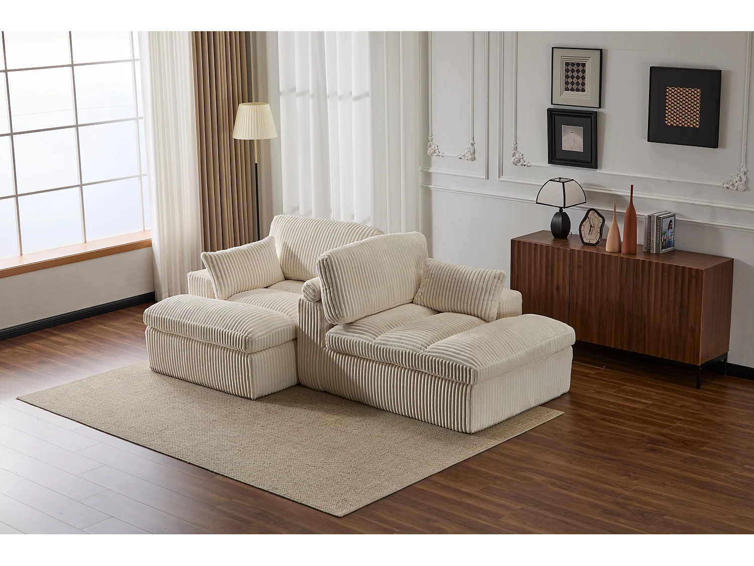 Canapé 2 places - velours côtelé - modulaire - convertible - 214x145x89 cm - blanc