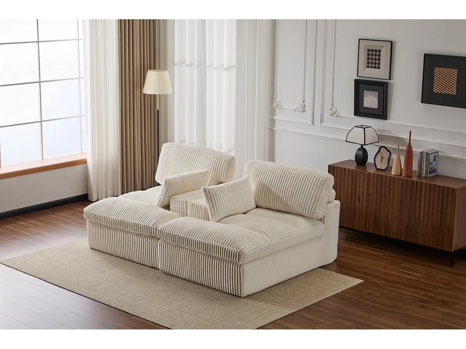 Canapé 2 places - velours côtelé - modulaire - convertible - 214x145x89 cm - blanc