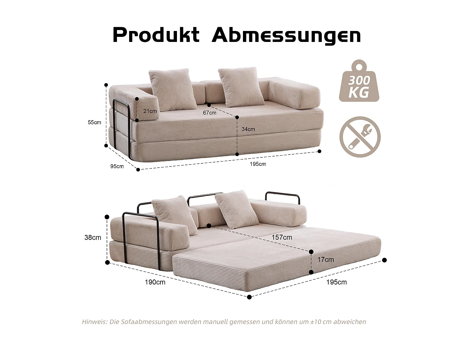 Canapé 2 places - velours côtelé - modulable - convertible - 195x95x60 cm - gris clair