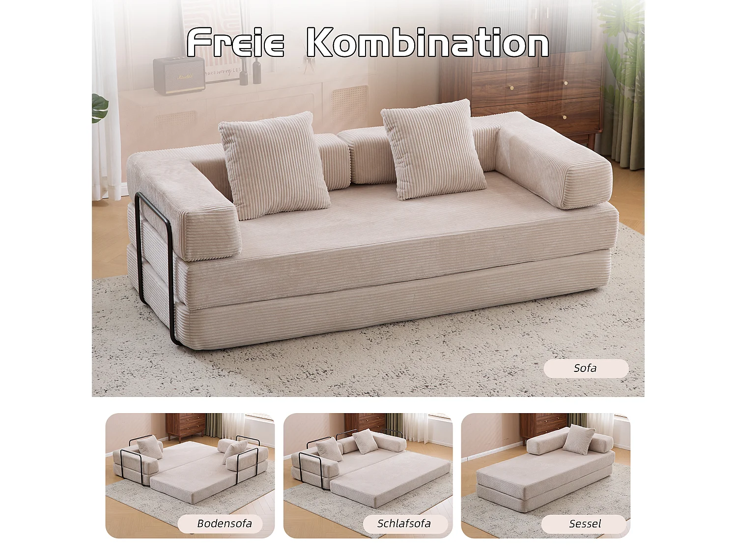 Canapé 2 places - velours côtelé - modulable - convertible - 195x95x60 cm - gris clair
