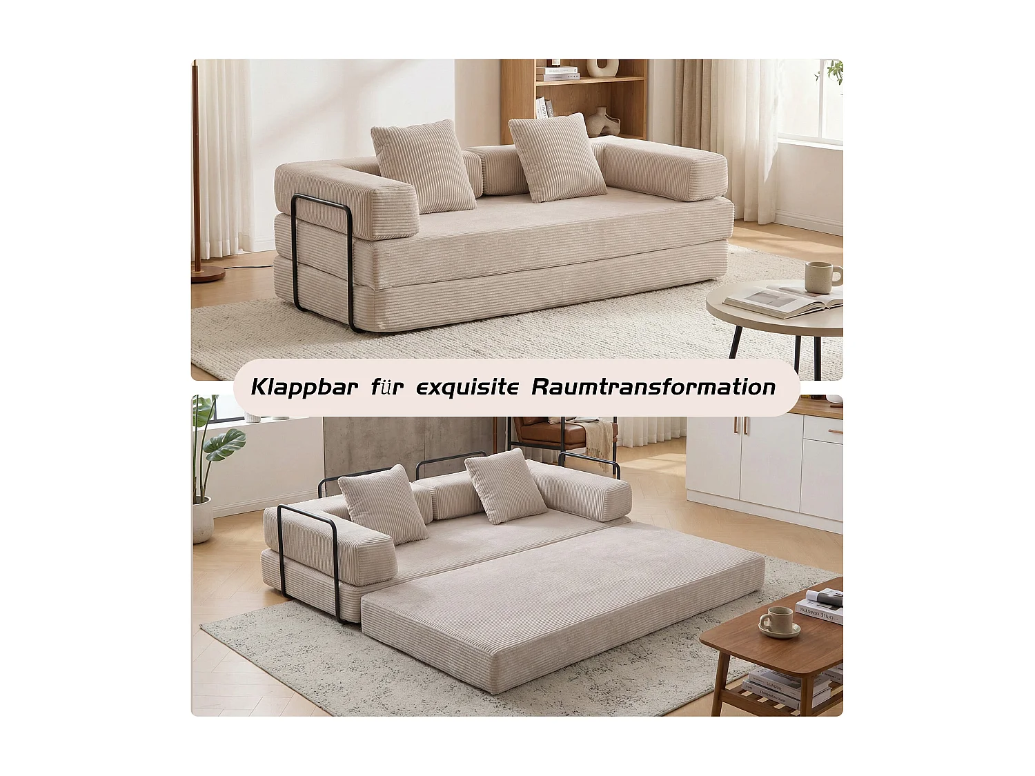 Canapé 2 places - velours côtelé - modulable - convertible - 195x95x60 cm - gris clair
