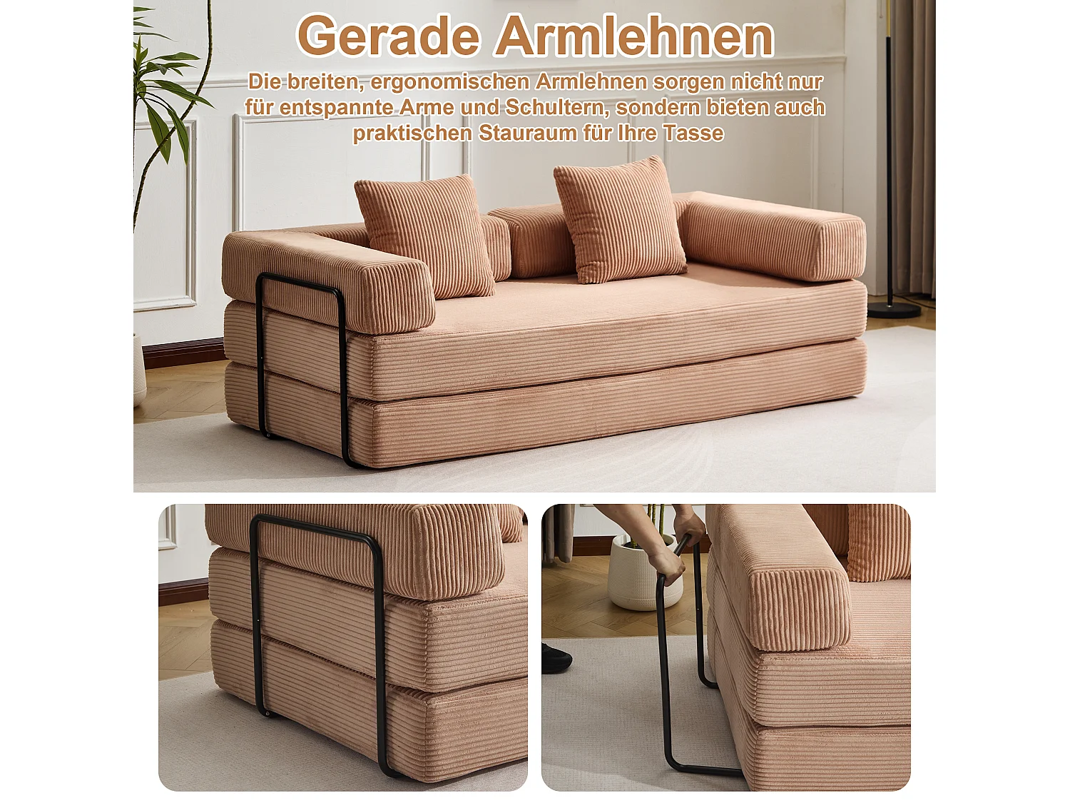 Canapé 2 places - velours côtelé - convertible - modulable - 195x95x60 cm - abricot