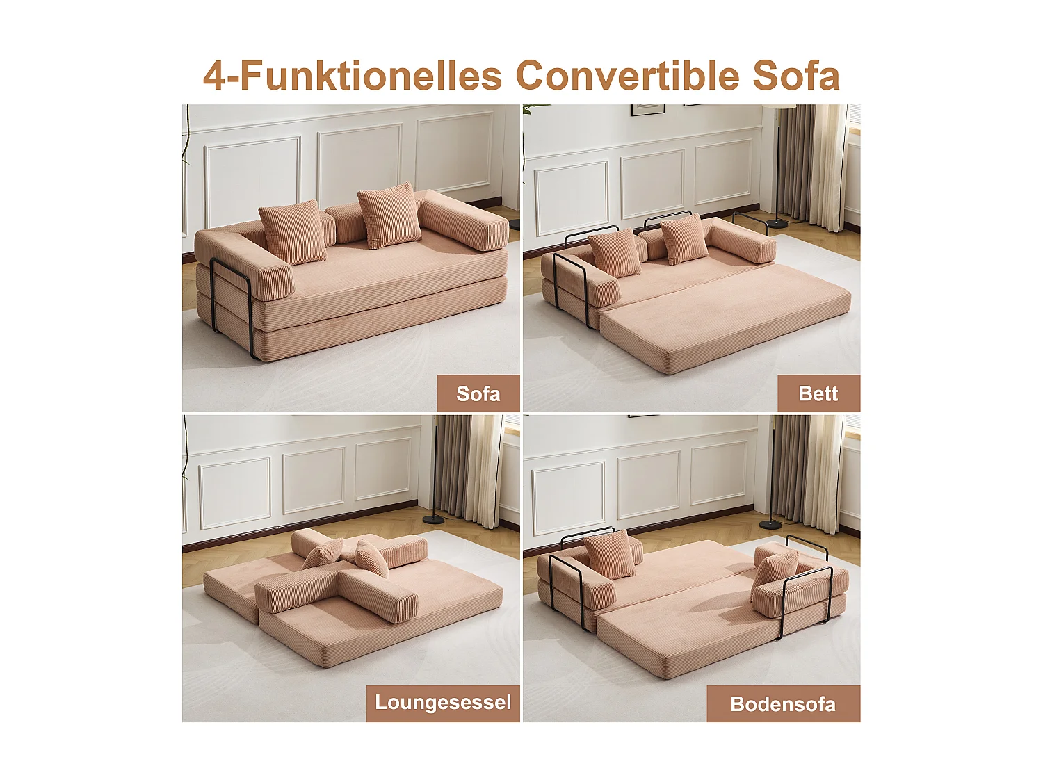Canapé 2 places - velours côtelé - convertible - modulable - 195x95x60 cm - abricot