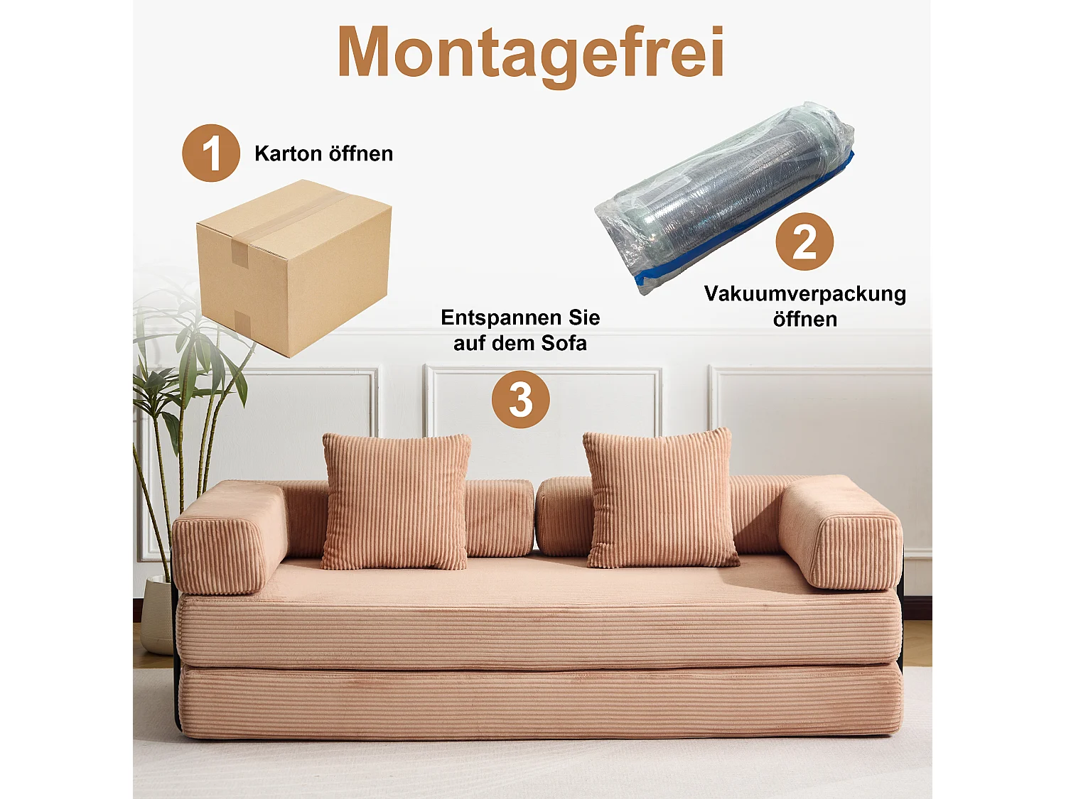 Canapé 2 places - velours côtelé - convertible - modulable - 195x95x60 cm - abricot