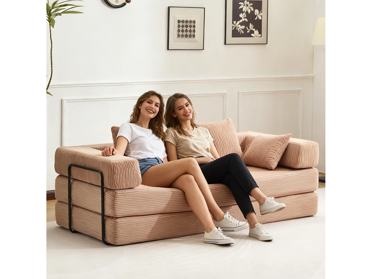 Canapé 2 places - velours côtelé - convertible - modulable - 195x95x60 cm - abricot