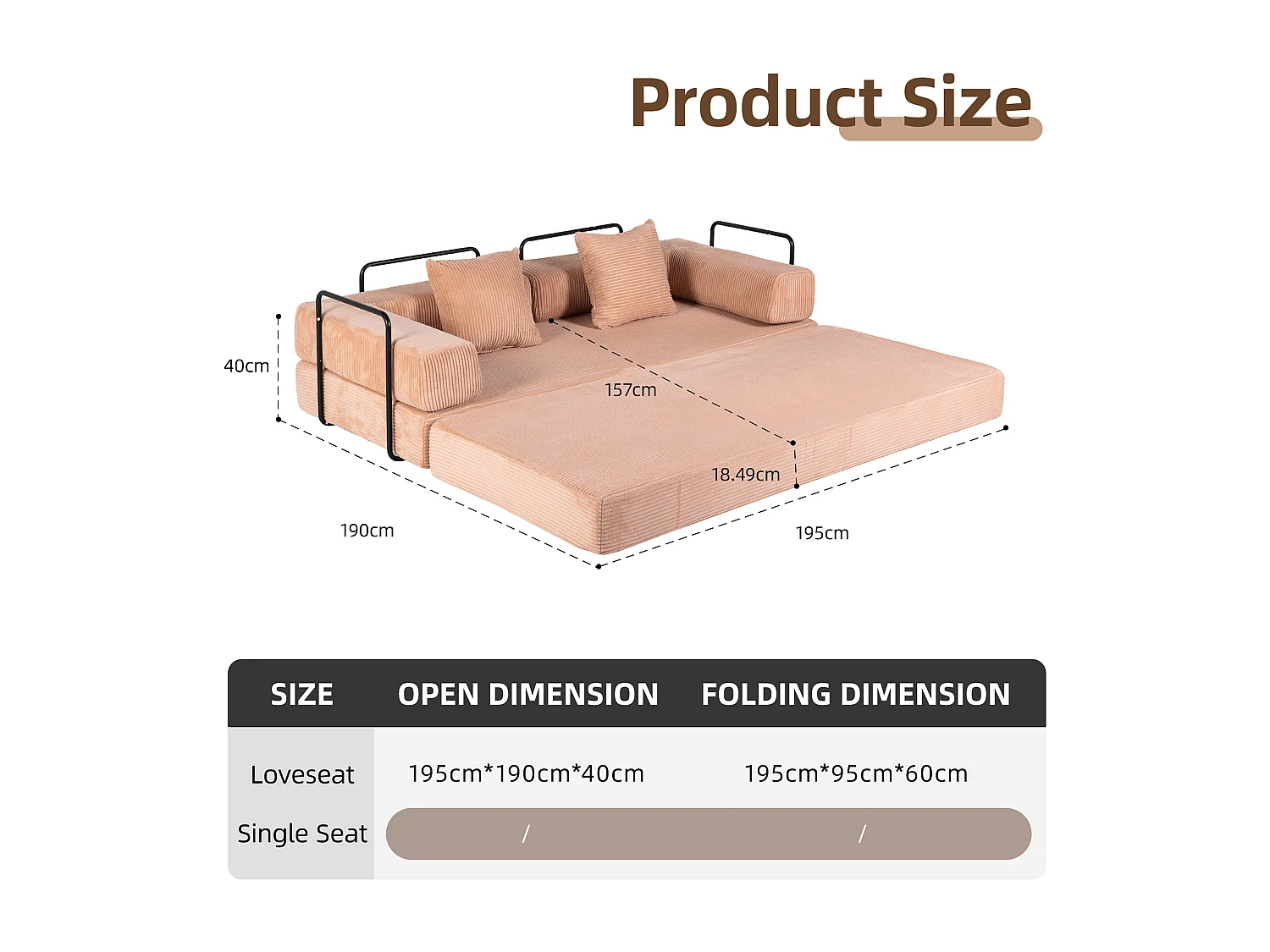 Canapé 2 places - velours côtelé - convertible - modulable - 195x95x60 cm - abricot