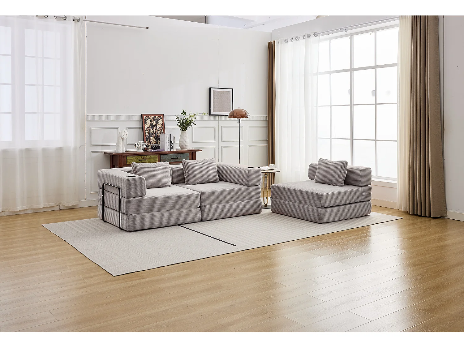 Canapé 3 places - velours côtelé - modulaire - convertible - 300x100x63 cm - gris clair