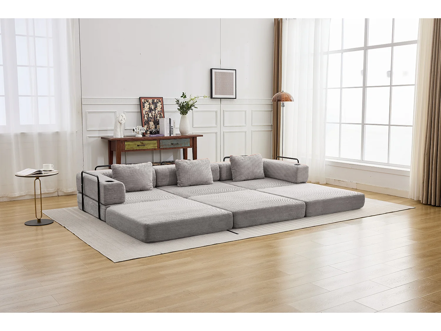 Canapé 3 places - velours côtelé - modulaire - convertible - 300x100x63 cm - gris clair