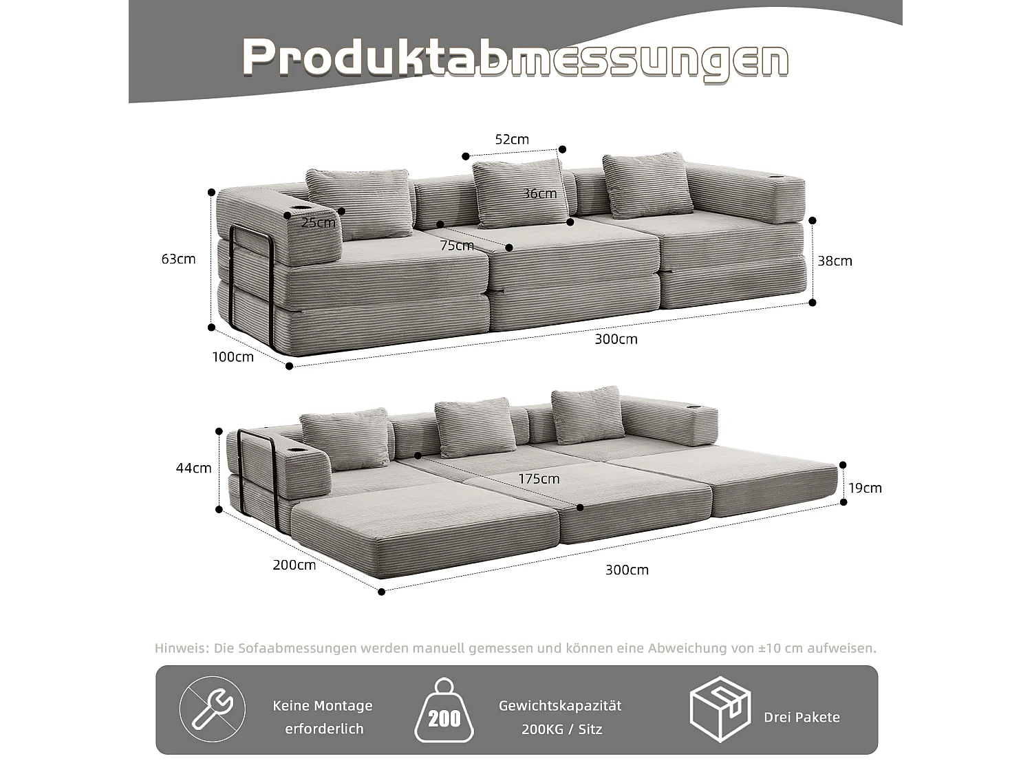 Canapé 3 places - velours côtelé - modulaire - convertible - 300x100x63 cm - gris clair