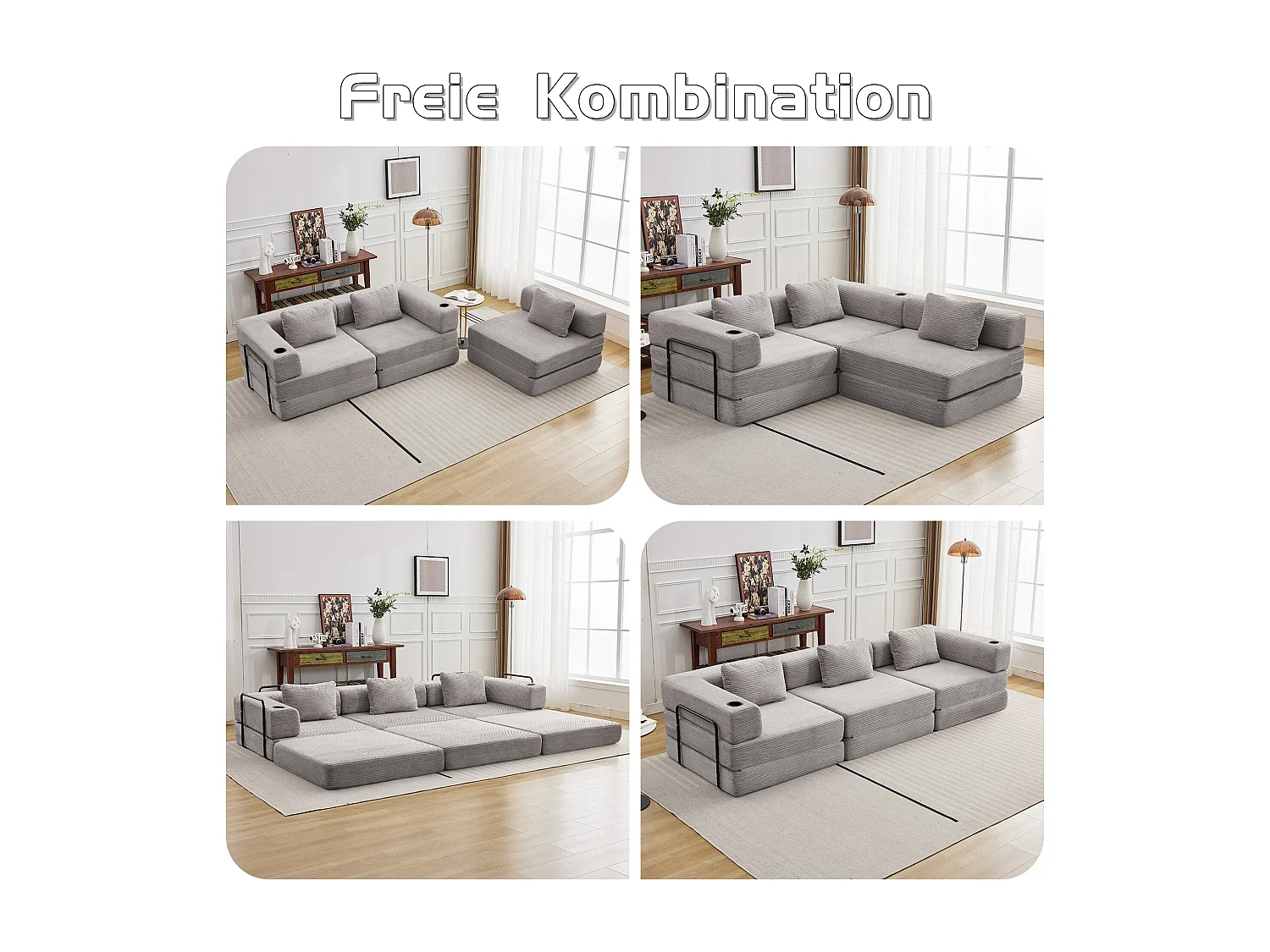 Canapé 3 places - velours côtelé - modulaire - convertible - 300x100x63 cm - gris clair