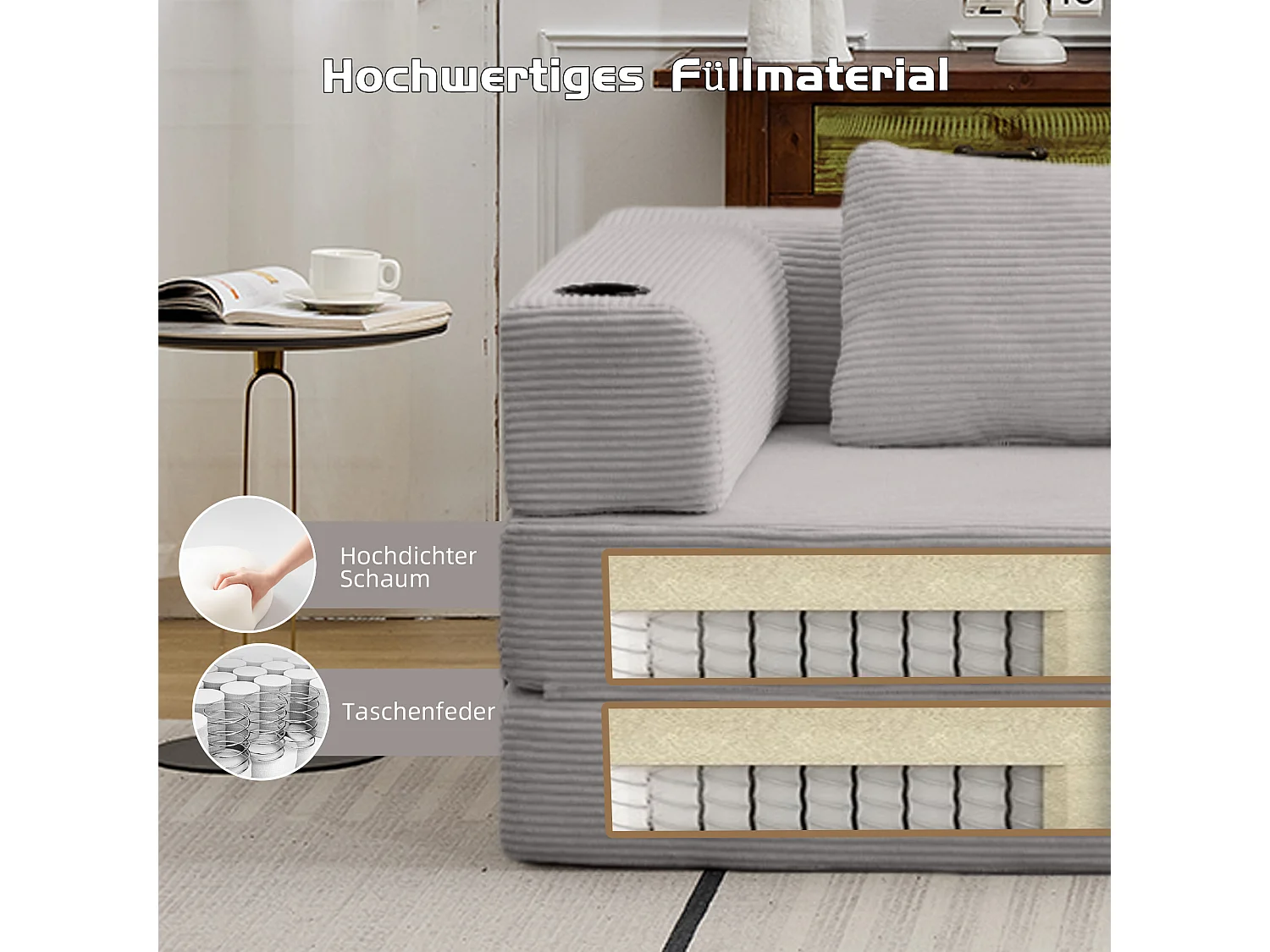 Canapé 3 places - velours côtelé - modulaire - convertible - 300x100x63 cm - gris clair