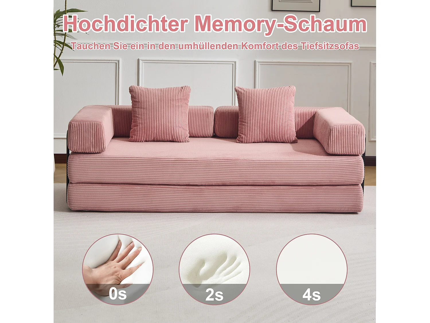 Canapé 2 places - velours côtelé - convertible - modulable - 195x95x60 cm - rose