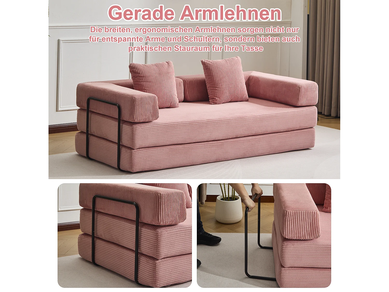 Canapé 2 places - velours côtelé - convertible - modulable - 195x95x60 cm - rose