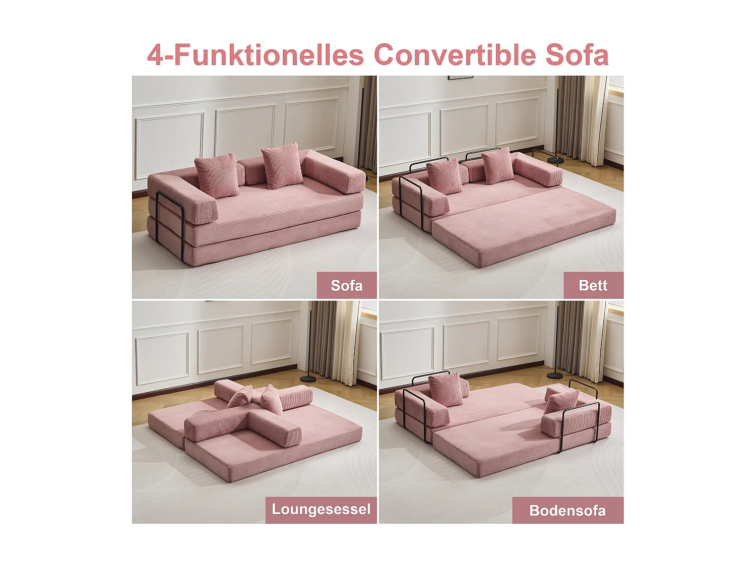 Canapé 2 places - velours côtelé - convertible - modulable - 195x95x60 cm - rose
