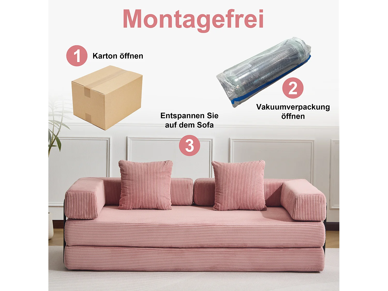 Canapé 2 places - velours côtelé - convertible - modulable - 195x95x60 cm - rose