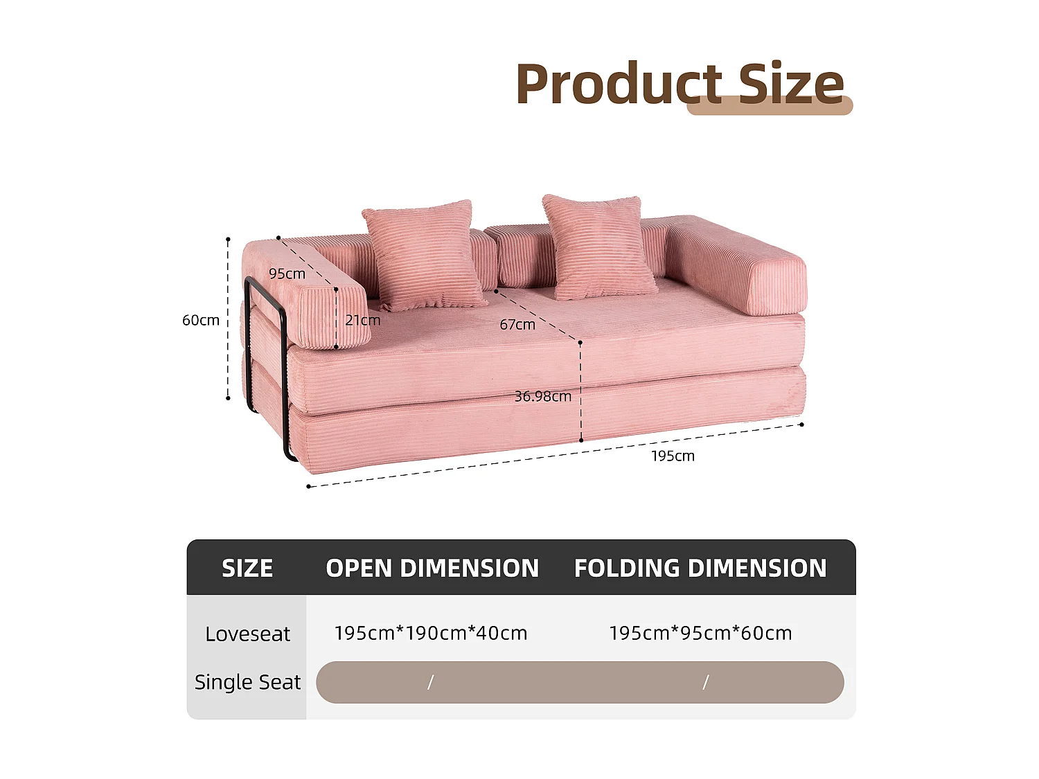 Canapé 2 places - velours côtelé - convertible - modulable - 195x95x60 cm - rose