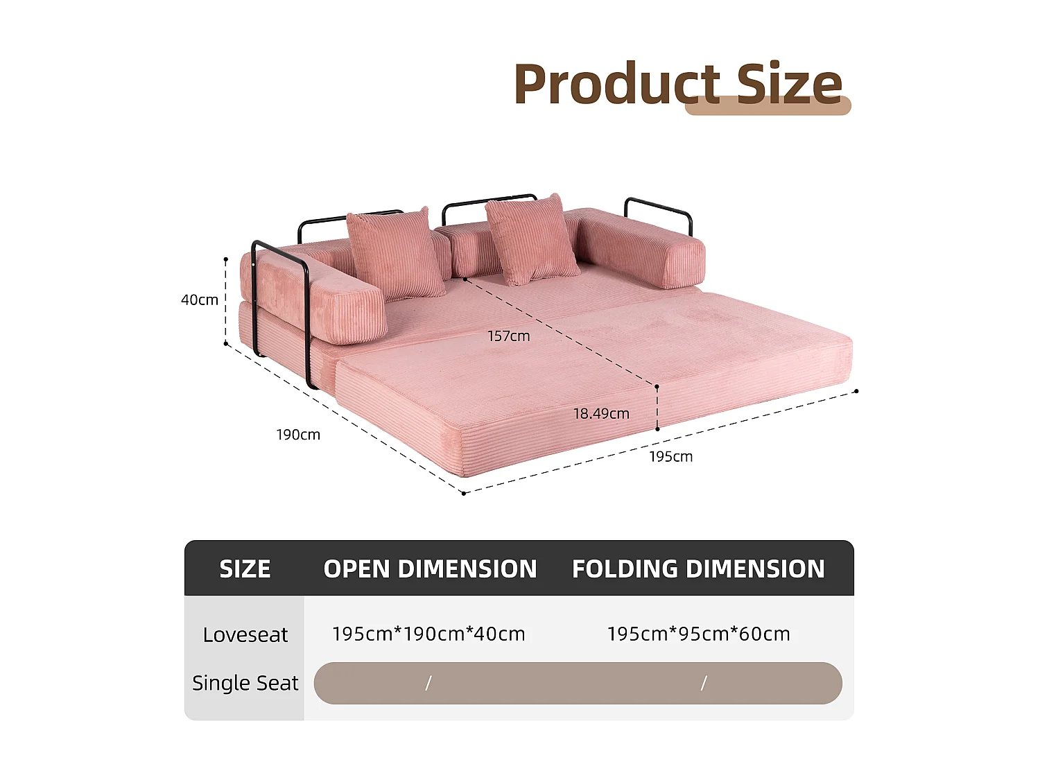 Canapé 2 places - velours côtelé - convertible - modulable - 195x95x60 cm - rose