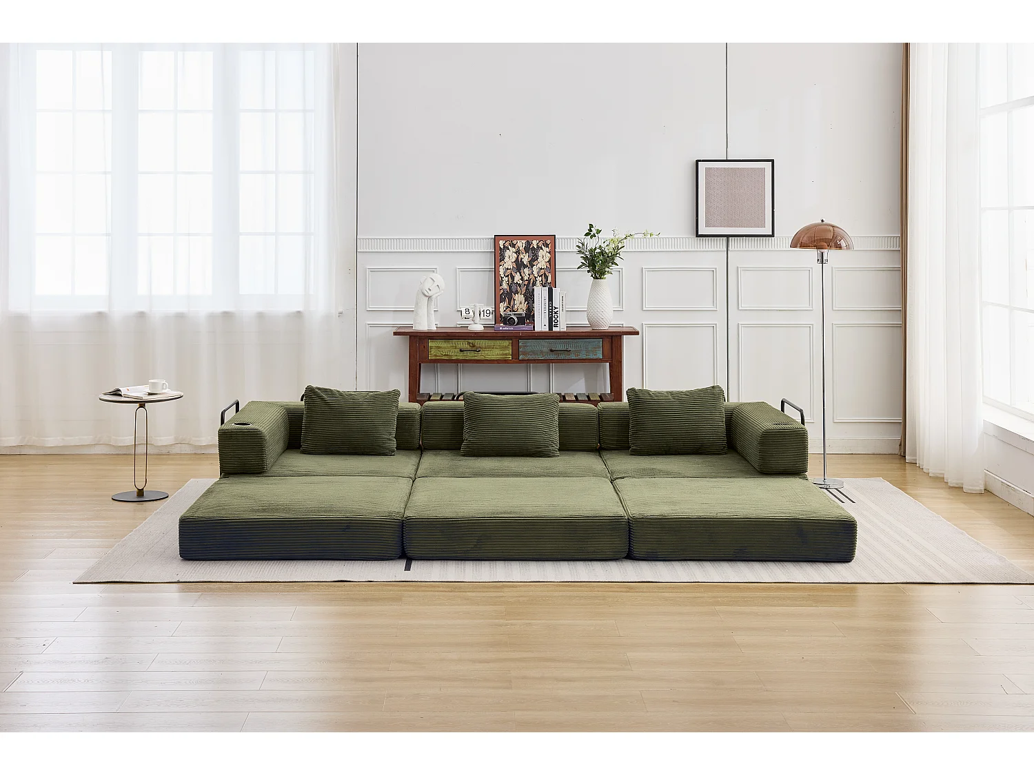 Canapé 3 places - velours côtelé - modulaire - convertible - 300x100x63 cm - vert olive