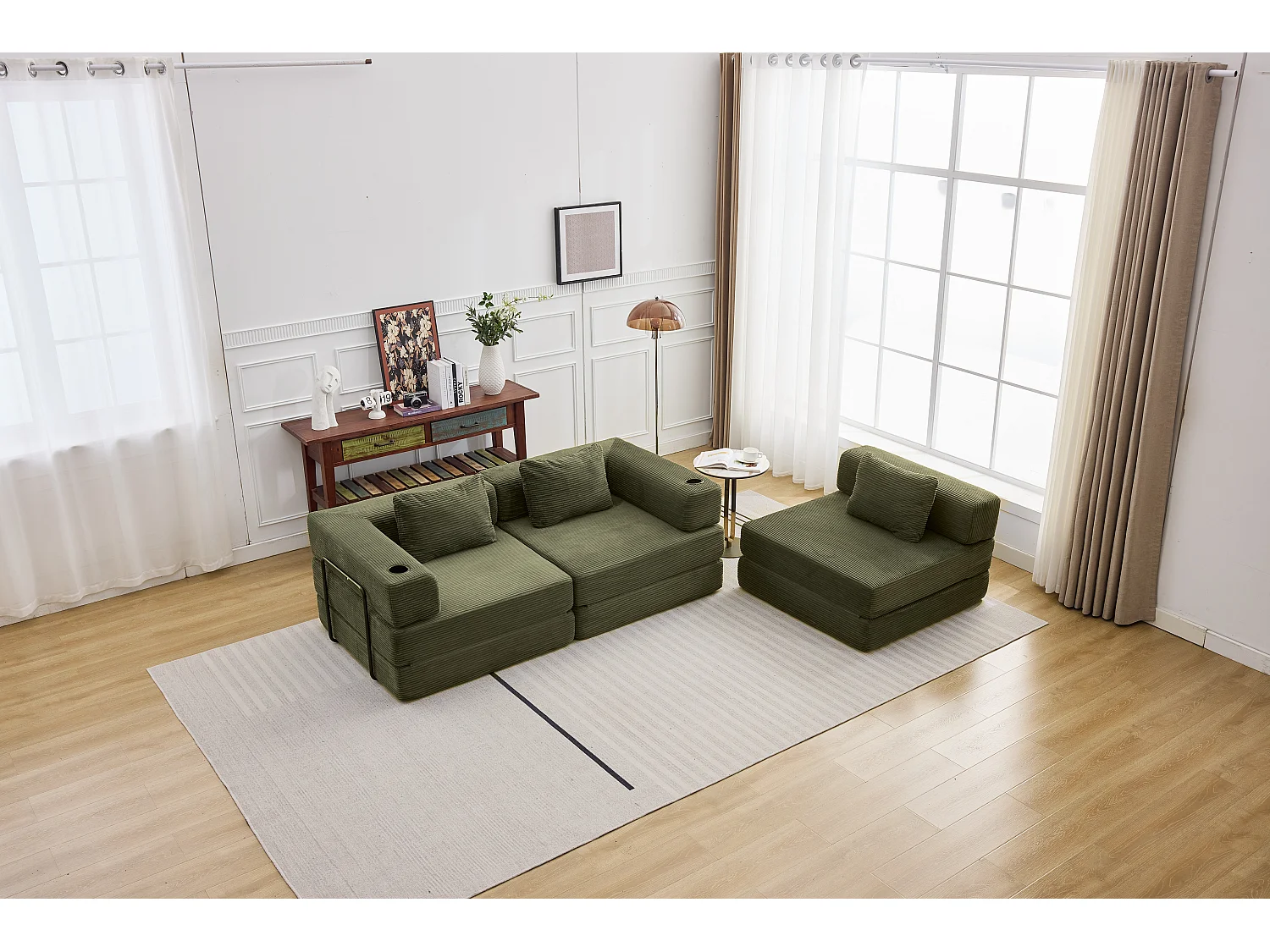 Canapé 3 places - velours côtelé - modulaire - convertible - 300x100x63 cm - vert olive