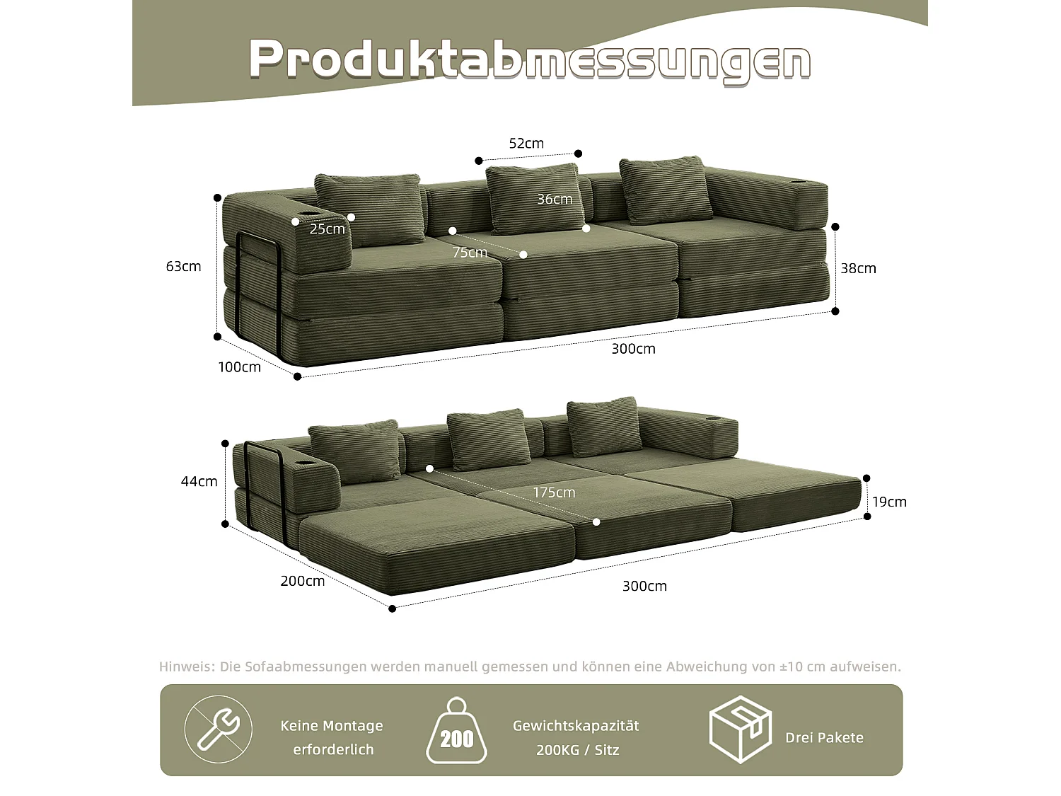 Canapé 3 places - velours côtelé - modulaire - convertible - 300x100x63 cm - vert olive