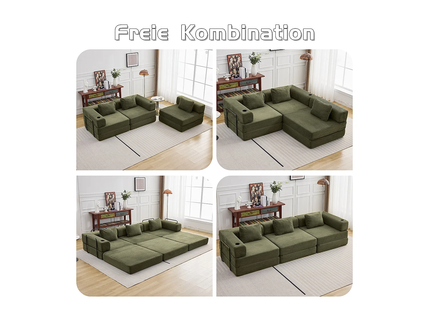 Canapé 3 places - velours côtelé - modulaire - convertible - 300x100x63 cm - vert olive