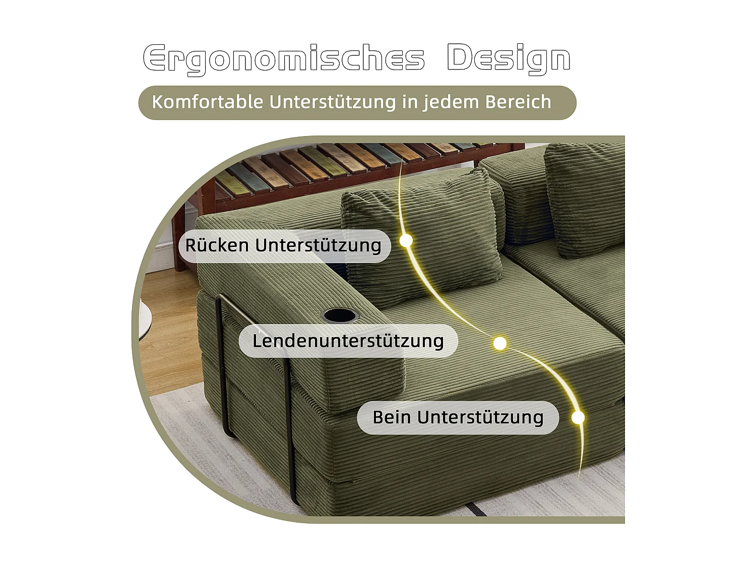 Canapé 3 places - velours côtelé - modulaire - convertible - 300x100x63 cm - vert olive