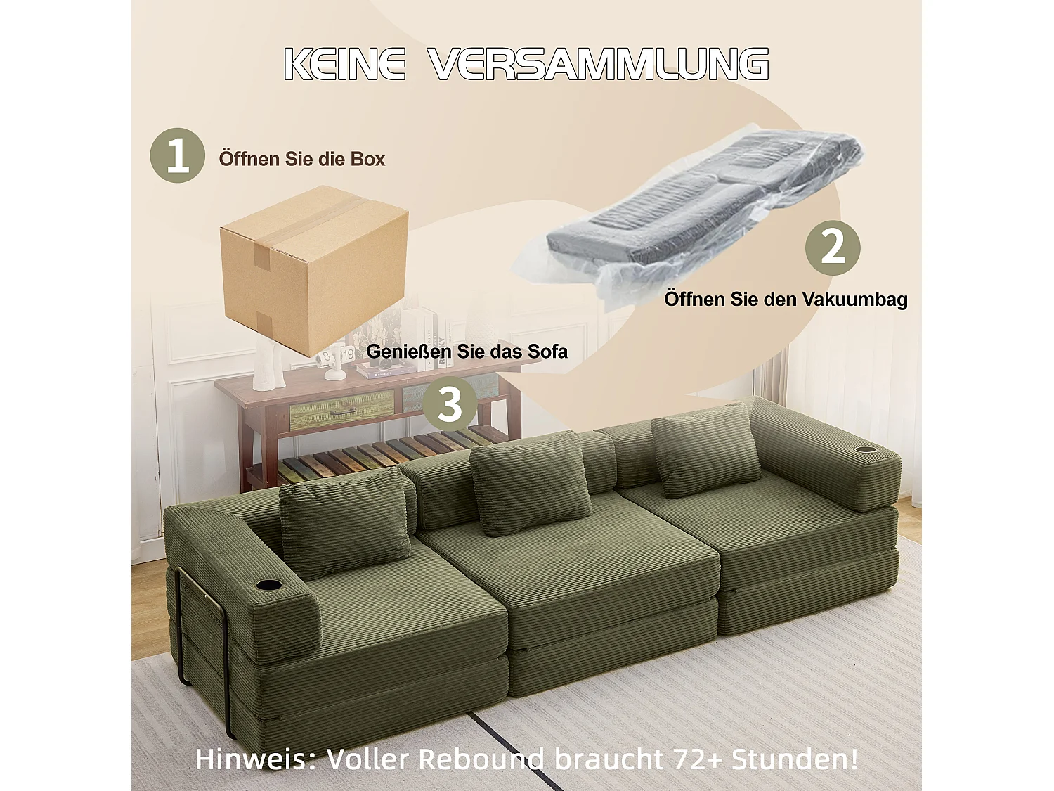 Canapé 3 places - velours côtelé - modulaire - convertible - 300x100x63 cm - vert olive