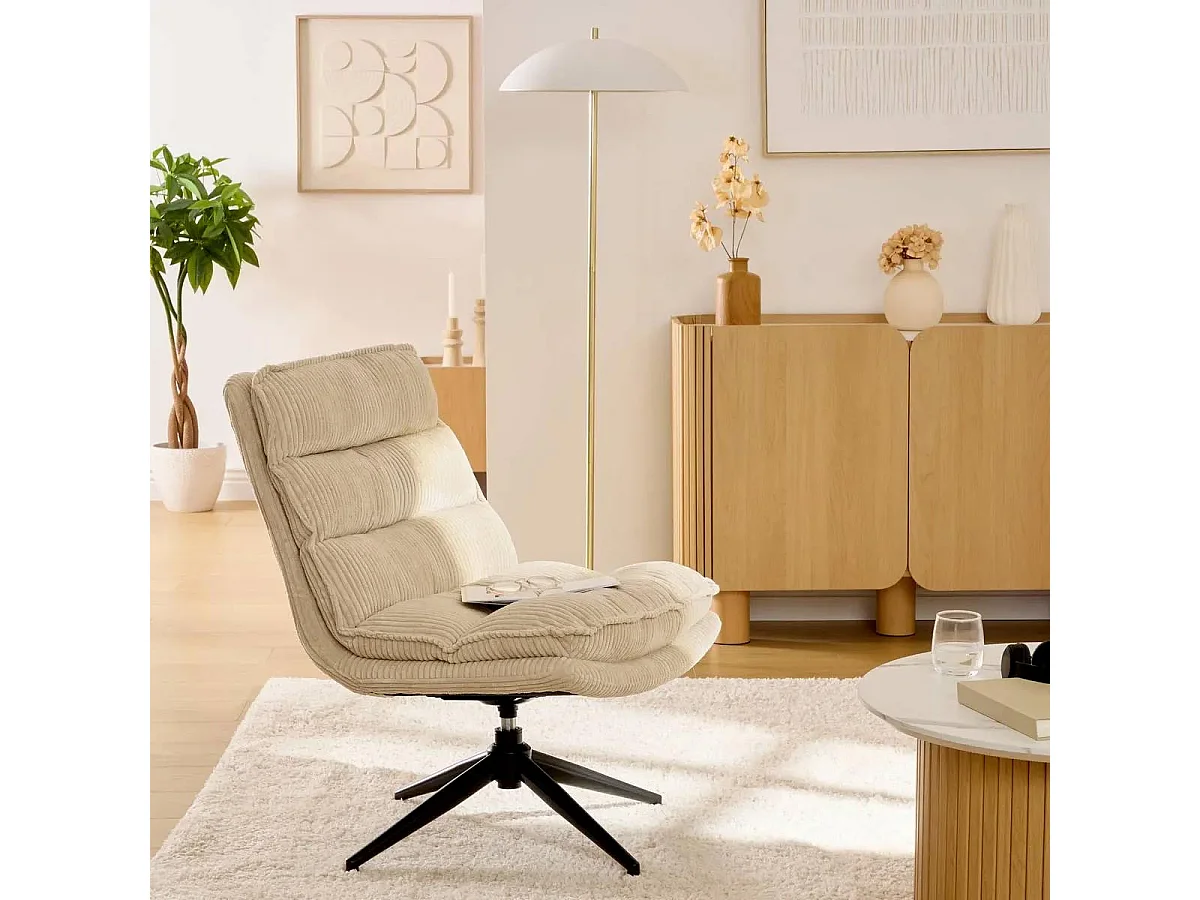 Fauteuil Pivotant Côtelé "Harper" 87cm Beige