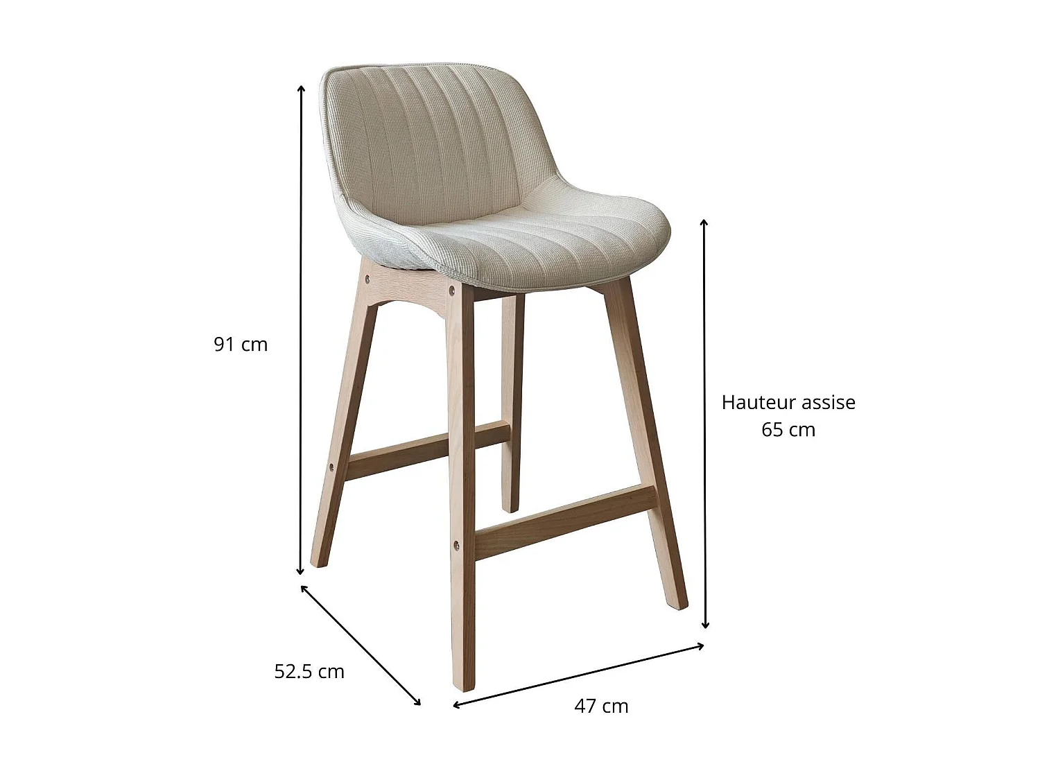 Conjunto de ilha e cadeiras de bar em carvalho NORDEN de 65 cm com assento em tecido de veludo cotelê