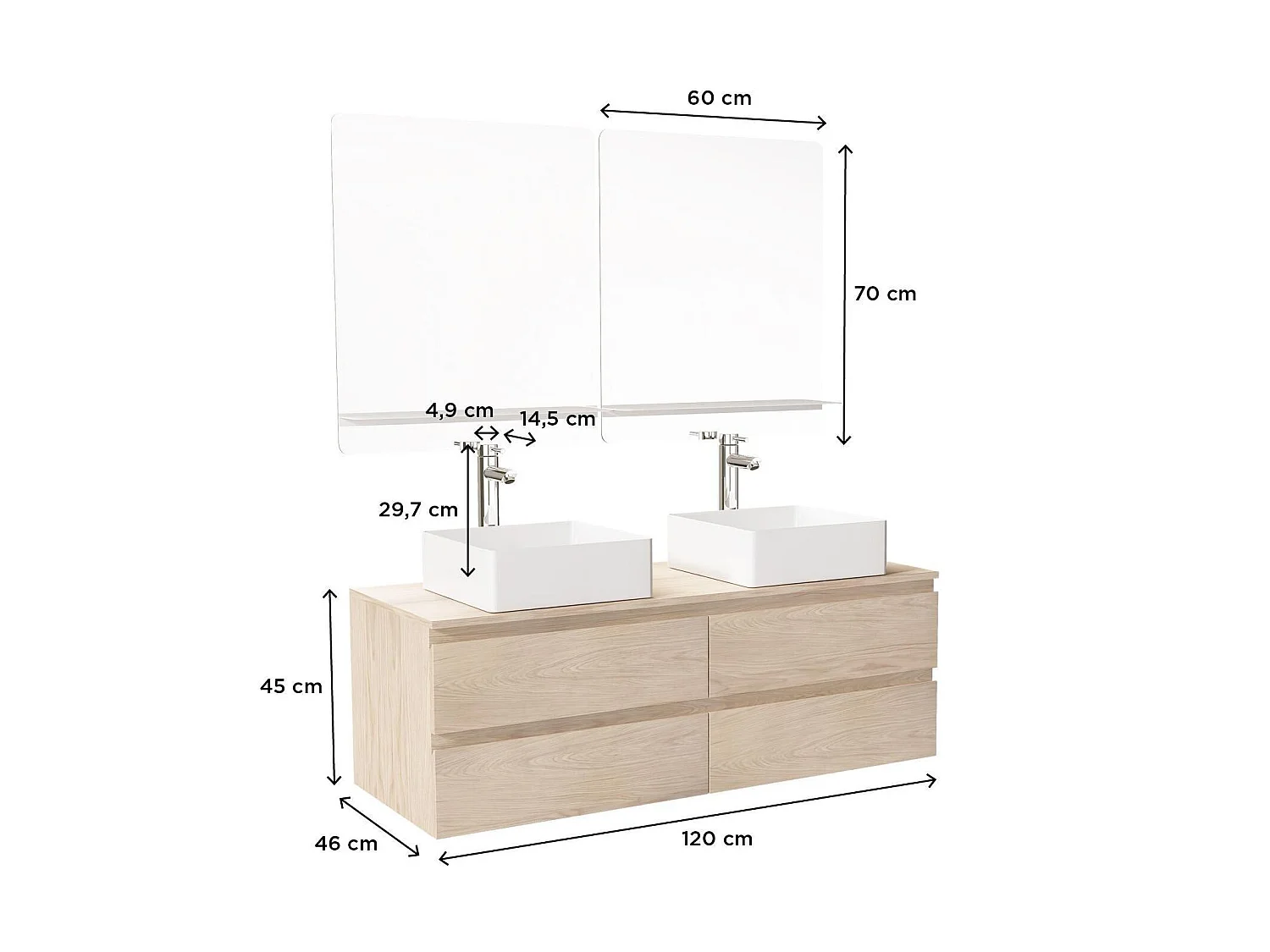 Sorrento dubbele wastafelmeubel van 120 cm + kraan + spiegel