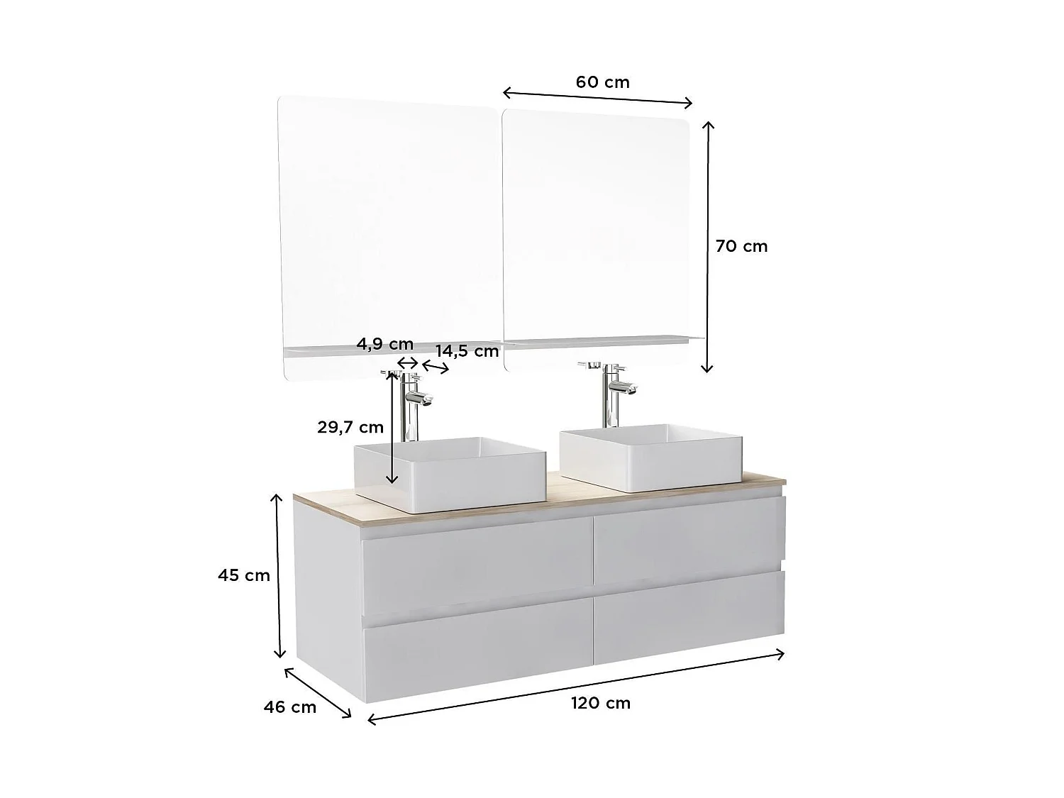 Mobile bagno doppio Sorrento da 120 cm con rubinetto e specchio.