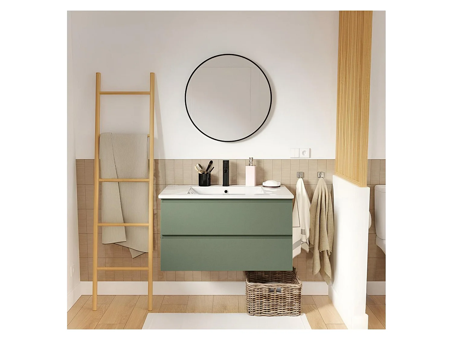 Enkele wastafelmeubel van 80 cm, eikenhouten afwerking, met kraan en spiegel SORRENTO