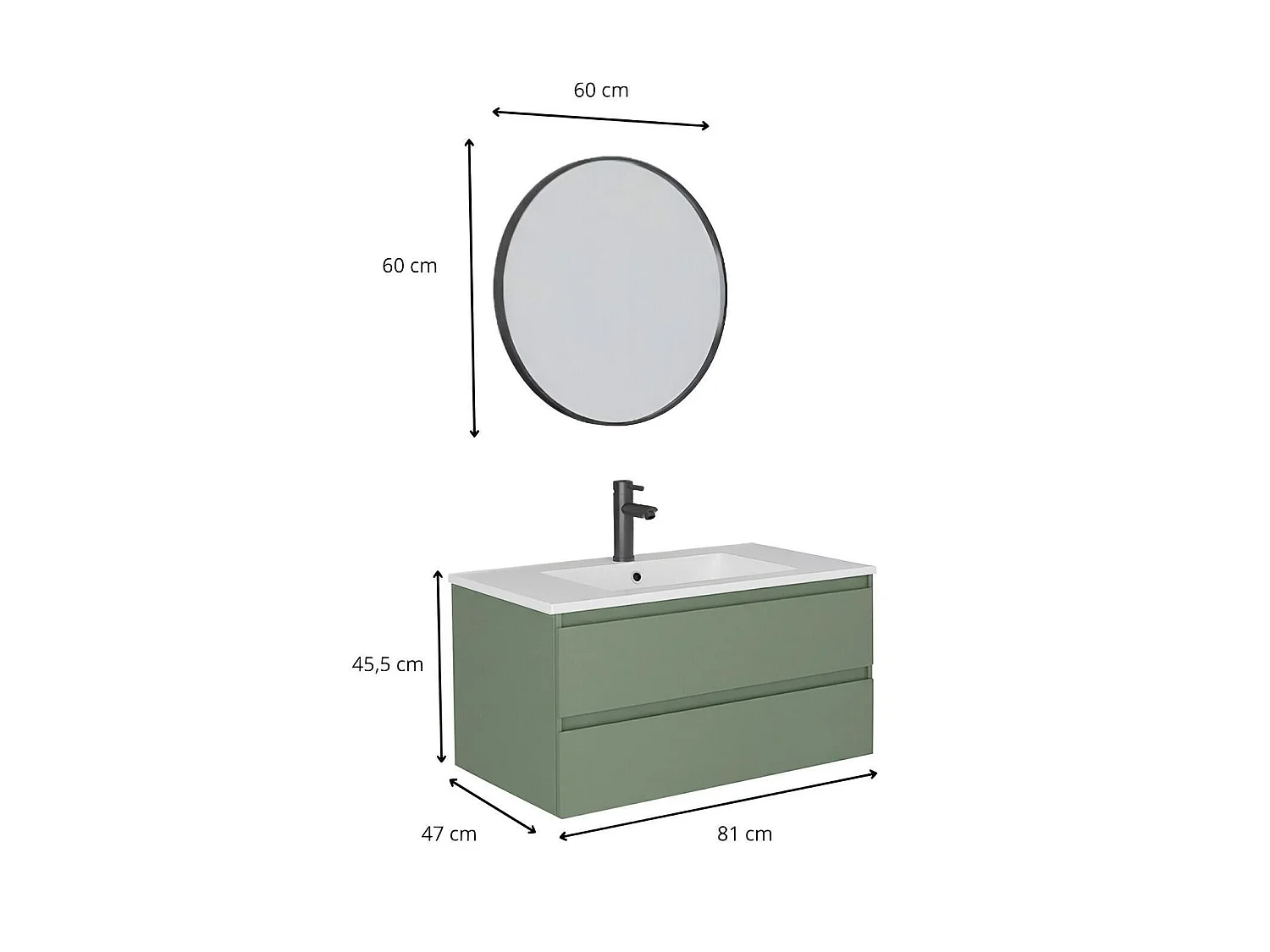 Enkele wastafelmeubel van 80 cm, eikenhouten afwerking, met kraan en spiegel SORRENTO