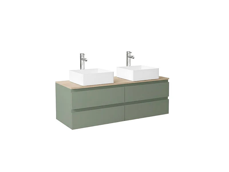 SORRENTO 120 cm wandgemonteerde dubbele spoelbak met houten blad, waskommen en kranen
