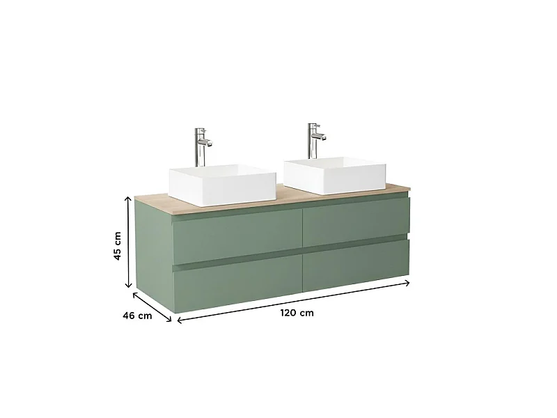 SORRENTO 120 cm wandgemonteerde dubbele spoelbak met houten blad, waskommen en kranen