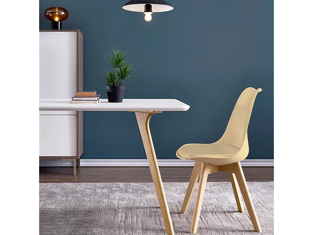 Lot de 6 chaises de salle à manger beiges, pieds en bois, rembourrées