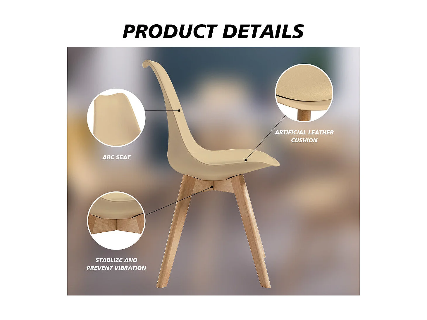 Lot de 6 chaises de salle à manger beiges, pieds en bois, rembourrées