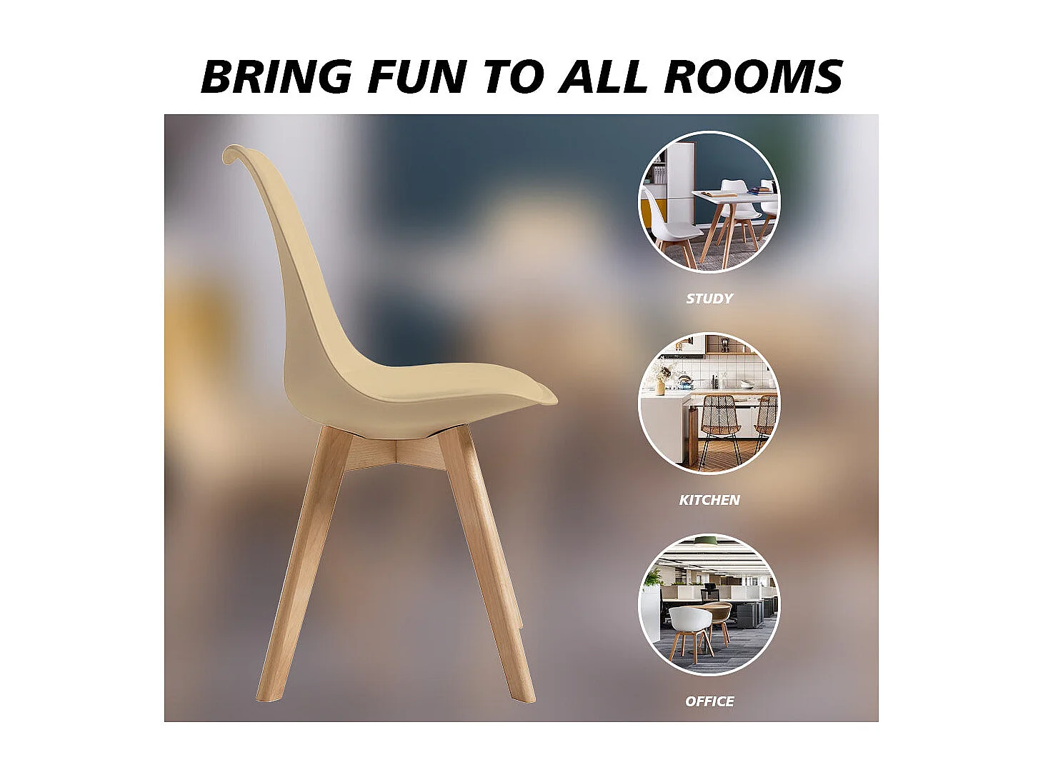 Lot de 6 chaises de salle à manger beiges, pieds en bois, rembourrées