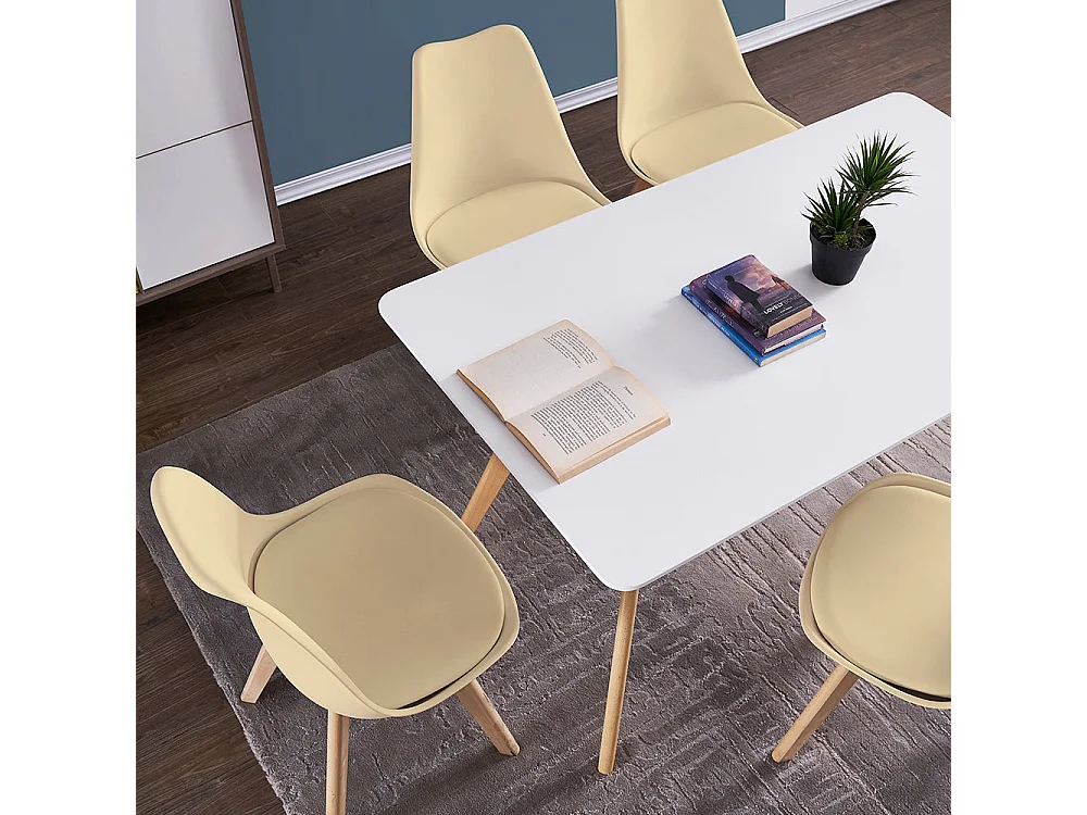 Lot de 6 chaises de salle à manger beiges, pieds en bois, rembourrées