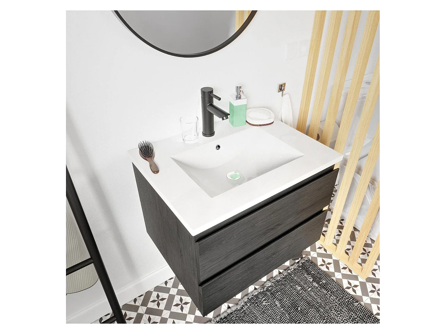 Schlichte Möbel + Wasserhahn + Spiegel + SORRENTO-Säule