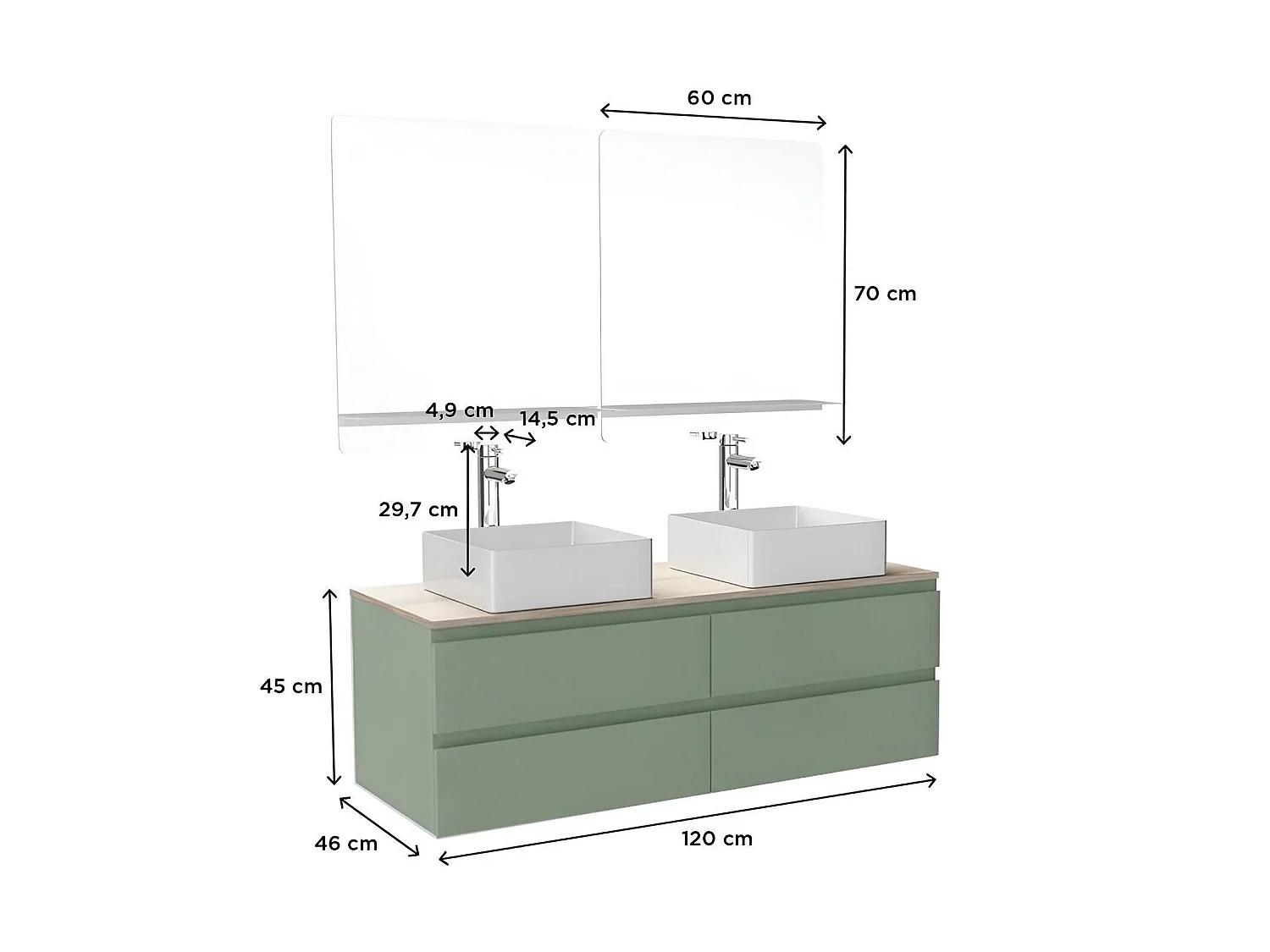 Sorrento dubbele wastafelmeubel van 120 cm + kraan + spiegel