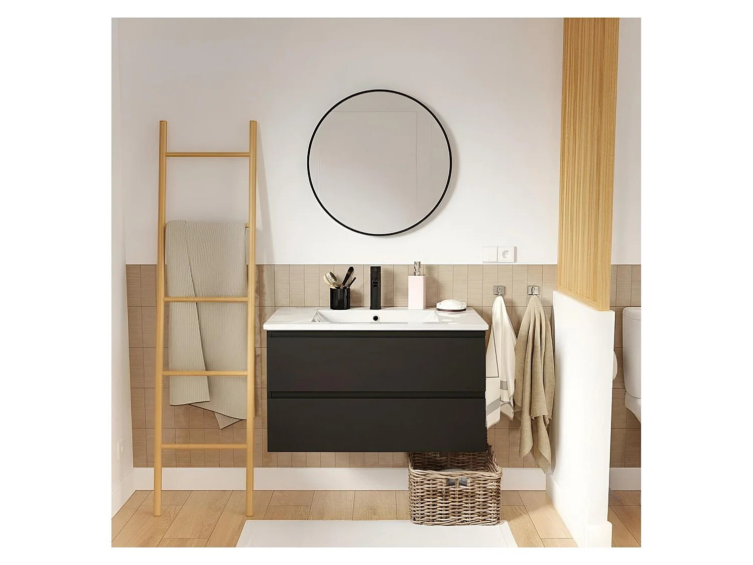 Einzelwaschtisch 80 cm, Eichenoptik, mit Armatur und Spiegel, SORRENTO