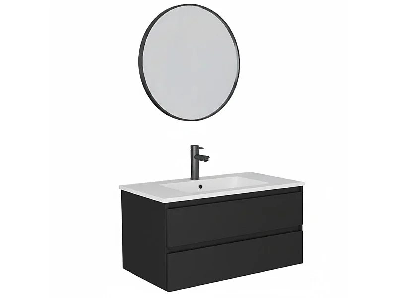 Meuble simple vasque SORRENTO 80cm décor chêne avec robinet et miroir