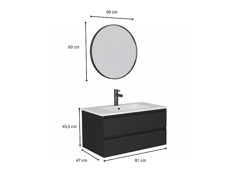 Meuble simple vasque SORRENTO 80cm décor chêne avec robinet et miroir