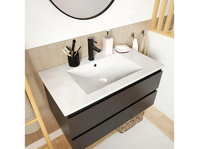 Meuble simple vasque SORRENTO 80cm décor chêne avec robinet et miroir